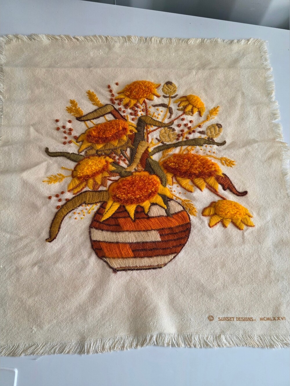 Vintage "Indian Basket" Sunflower Crewel